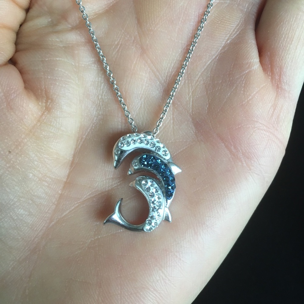 Silver Tone Rhinestone Crystal Dolphin Necklace - Picture 7 of 10